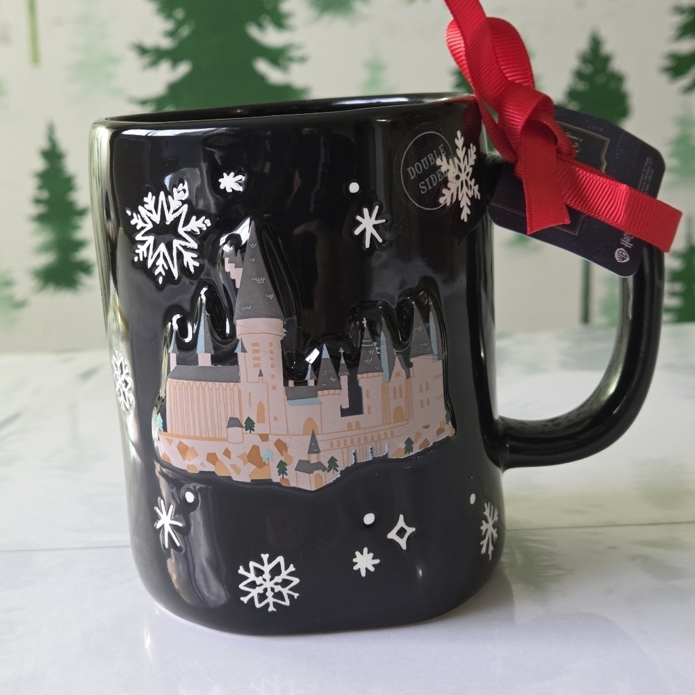 Black Harry Potter Mug with Snowflakes and Castle Design